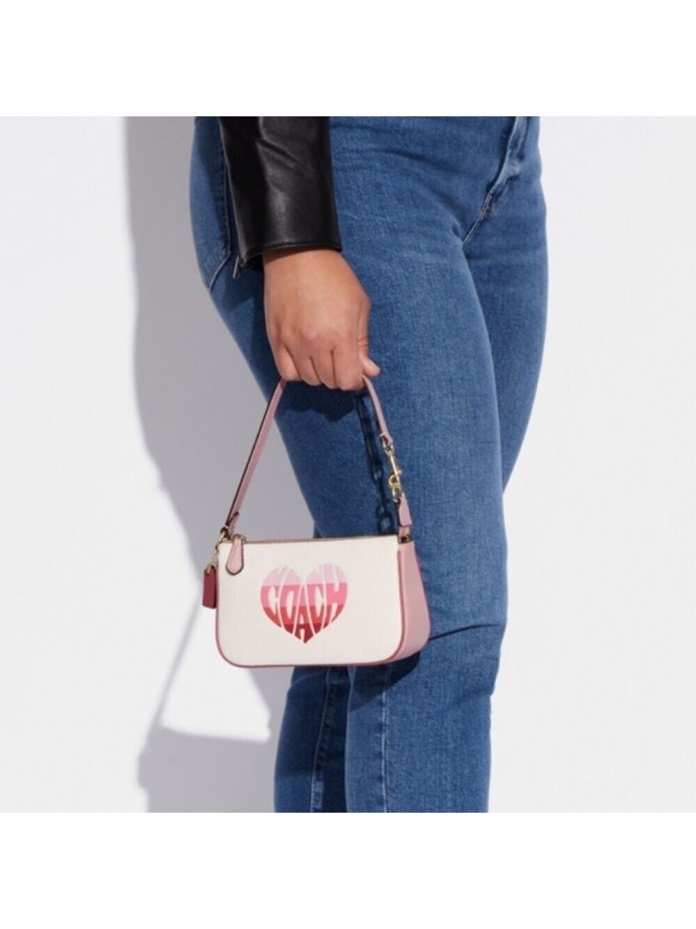 COACH STRIPE HEART LEATHER NOLITA 19 PURSE BAG IN COLORS: GOLD/CHALK VALENTINE - Picture 3 of 9